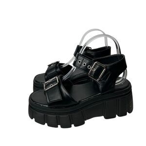 New Faux Black Leather Chunky Black Platform Shoes with Adjustable Straps 7